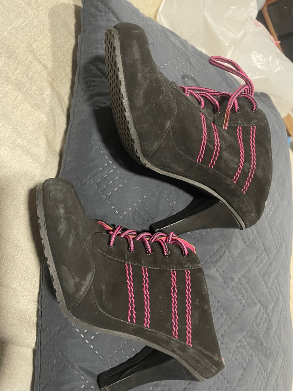 Funky Chunk - Black Suede Lace-Up Heeled Booties with Pink Stitching